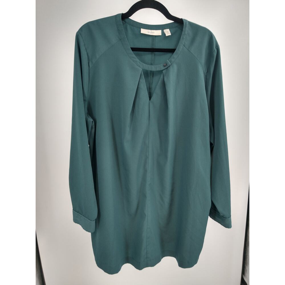 Sejour Blouse Top Plus 20W Keyhole‎ Pleated Button Neck Long Sleeve Casual Green